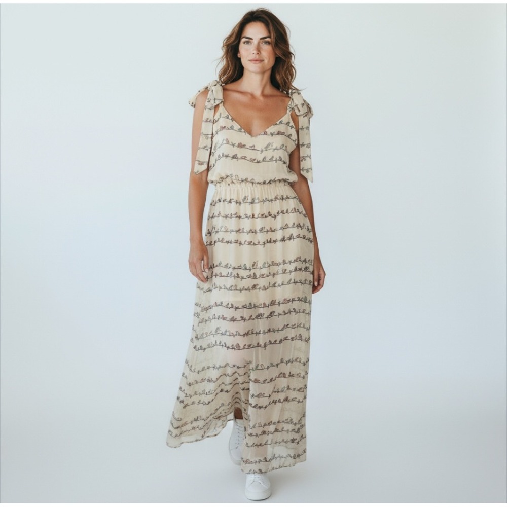 Judith March Beige Put A Bird On It‎ Maxi Dress Tie Shoulder V Neck Boho